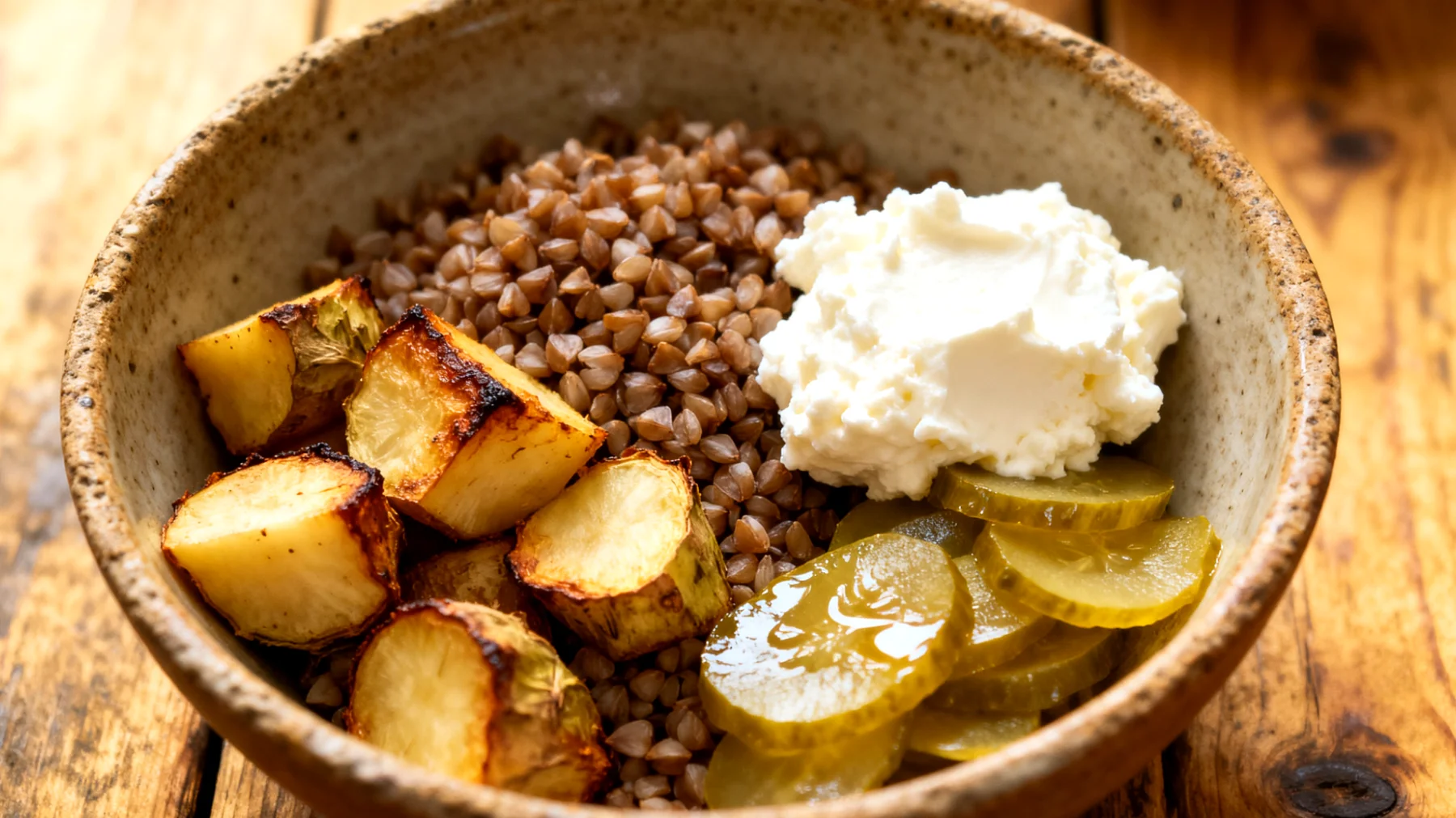 Buchweizen-Topinambur-Bowl mit Hüttenkäse und fermentierten Gurken"