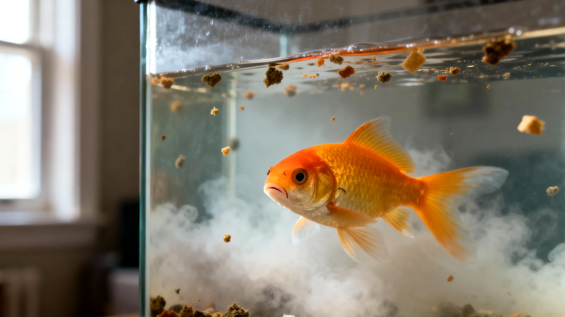 Viele Fischhalter füttern ihre Aquarienfische in der Wohnung falsch, was zu Überfütterung, schlechter Wasserqualität und gesundheitlichen Problemen führt"