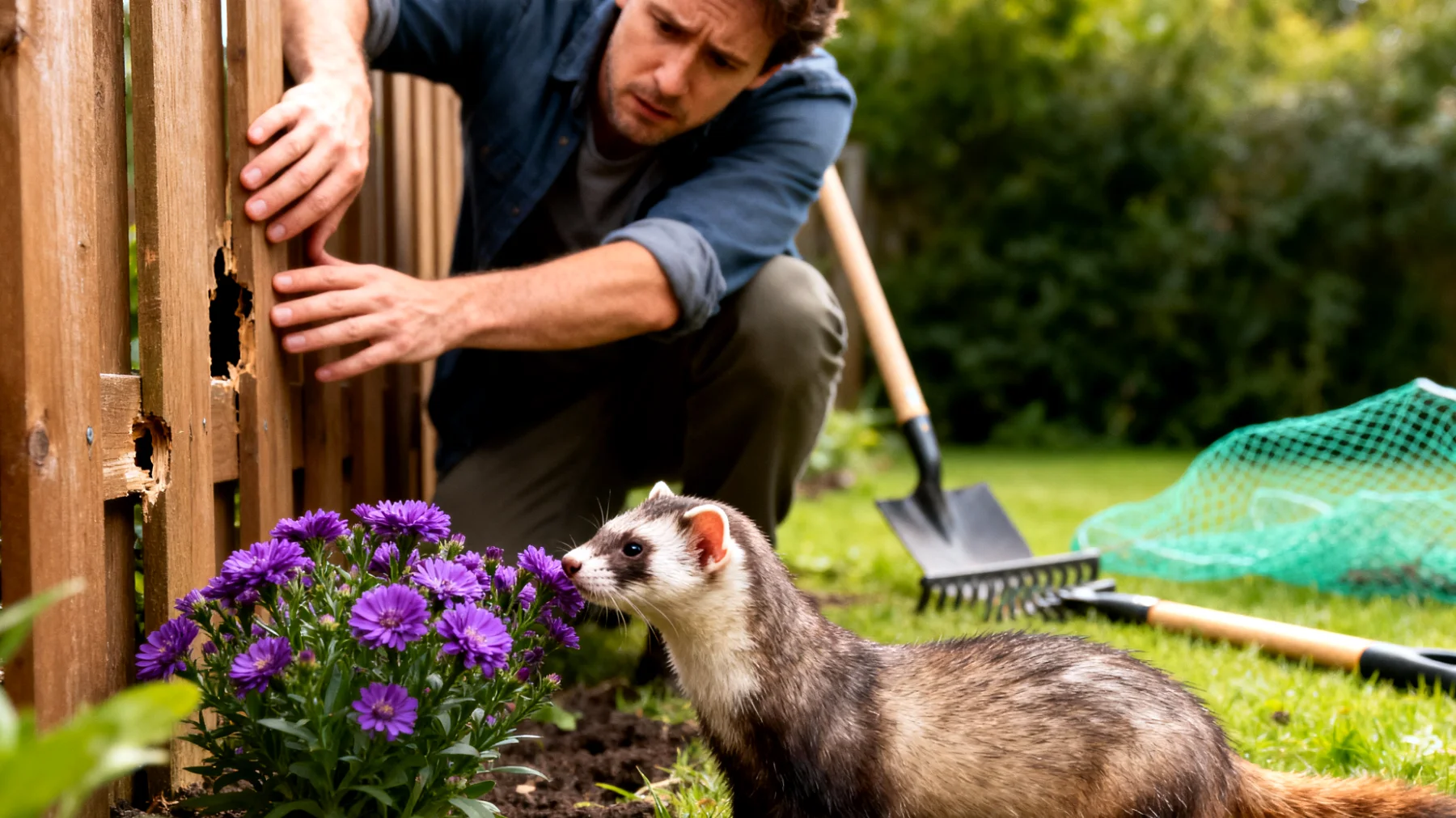 Frettchen benötigen im Garten besondere Sicherheitsvorkehrungen und artgerechte Beschäftigung, da sie neugierig sind, graben können und durch kleine Öffnungen entwischen. Zudem besteht die Gefahr durch Raubtiere und giftige Pflanzen."