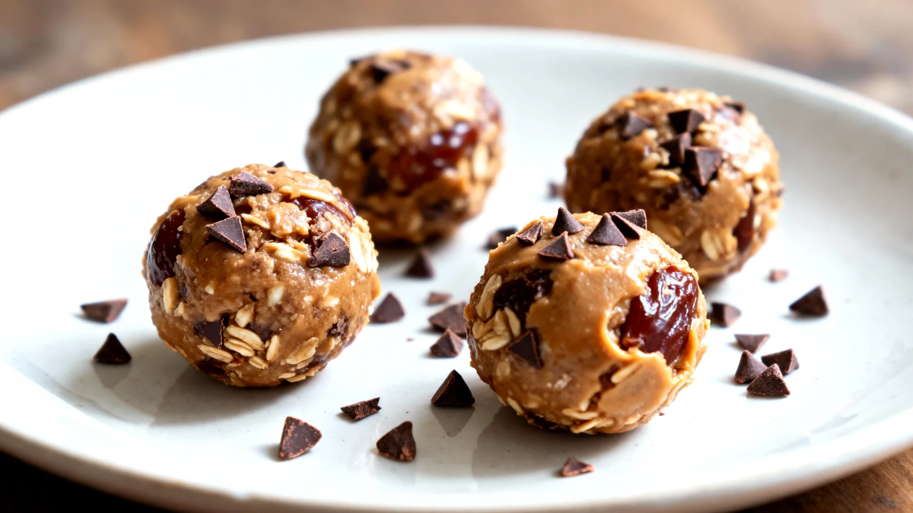 Hafer-Dattel-Bällchen mit Mandelmus und Kakao-Nibs"