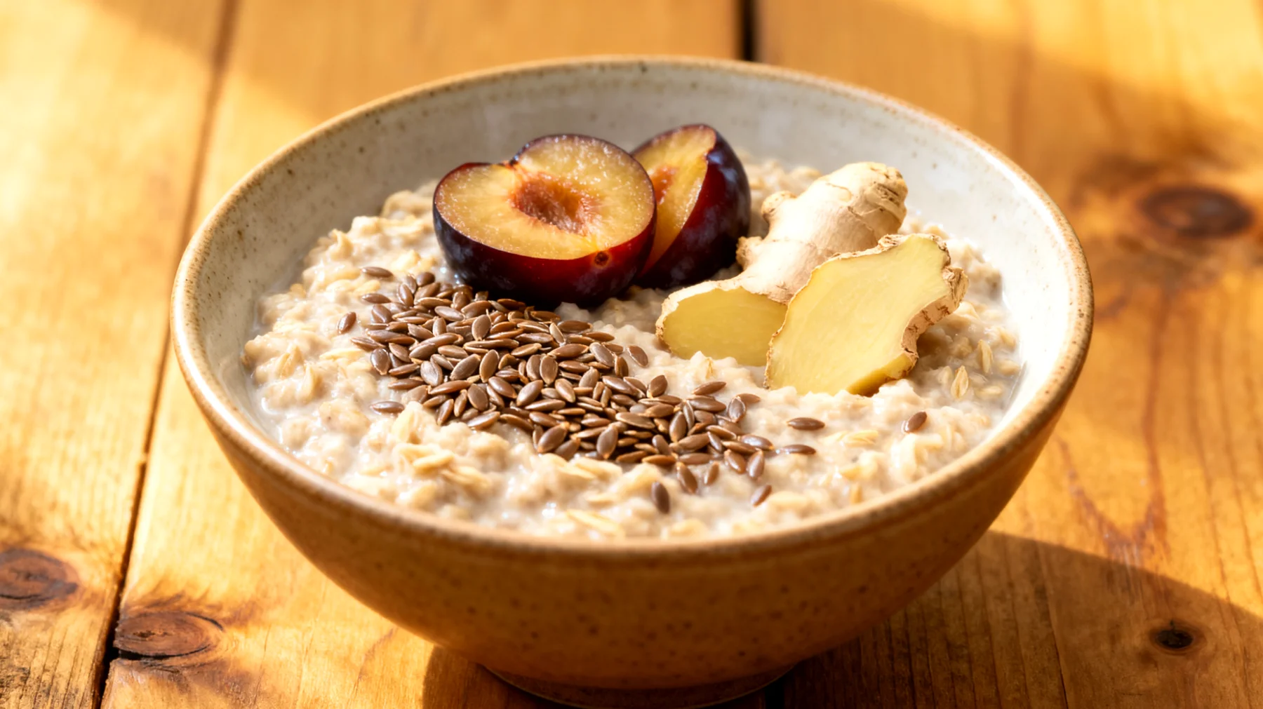 Hafer-Porridge mit Leinsamen, Pflaumen und Ingwer"