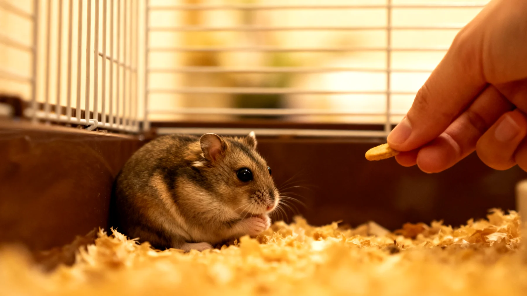 Junger Hamster zeigt ängstliches oder scheues Verhalten und muss langsam an die Handhabung und den menschlichen Kontakt gewöhnt werden"