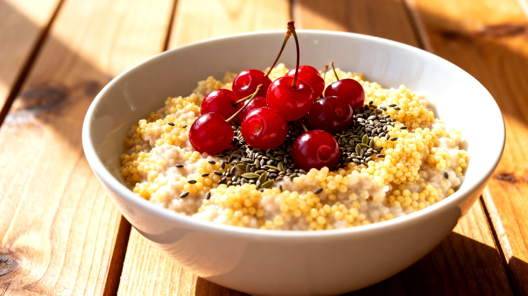 Hirseflockenbrei mit Sauerkirschen und Hanfsamen"