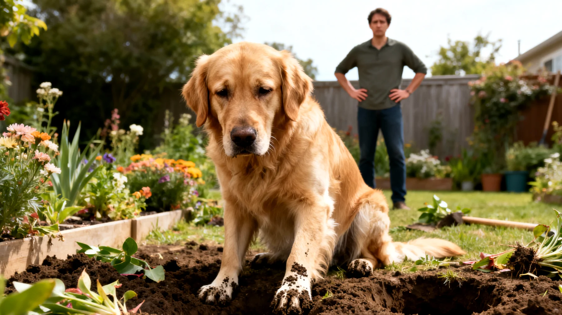 Hunde buddeln im Garten Löcher, zerstören Beete und graben Pflanzen aus, was zu Schäden an der Gartengestaltung führt und das Zusammenleben im Haus durch verschmutzte Pfoten erschwert"