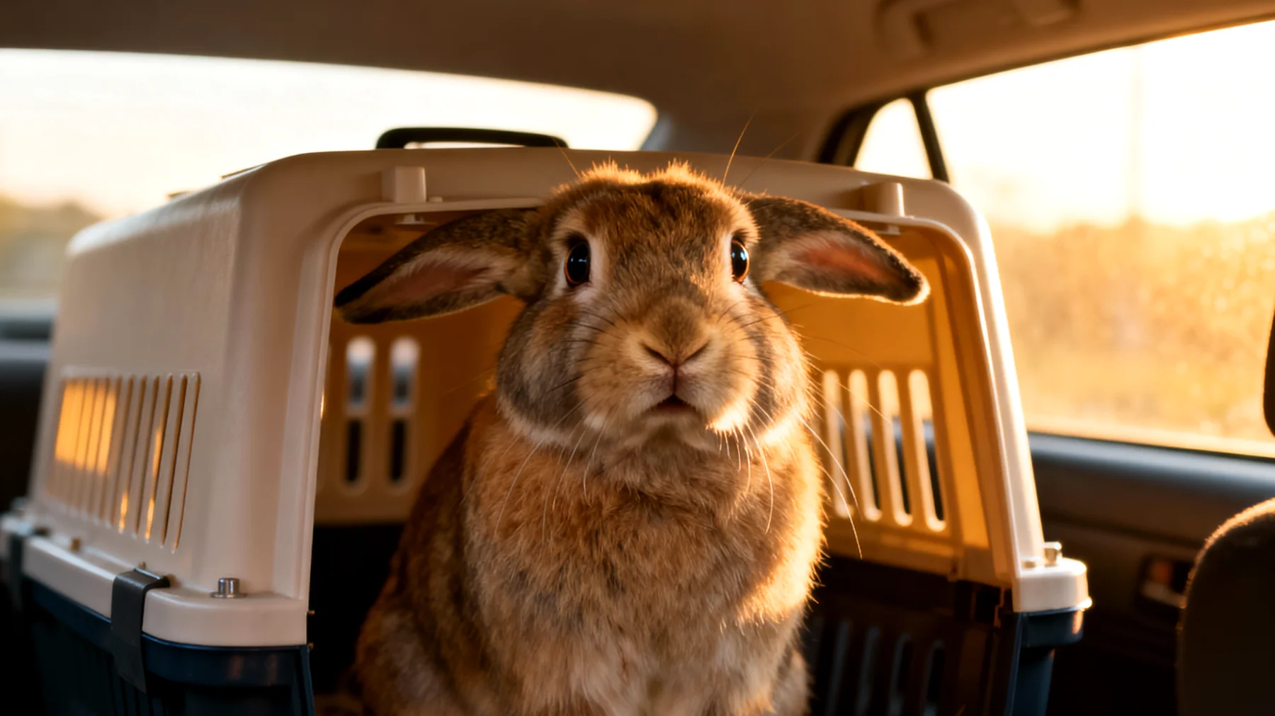 Kaninchen zeigen während einer Reise oft erhöhten Stress durch ungewohnte Umgebung, Transportgeräusche und eingeschränkte Bewegungsfreiheit, was zu Angst, Appetitlosigkeit und gesundheitlichen Problemen führen kann"