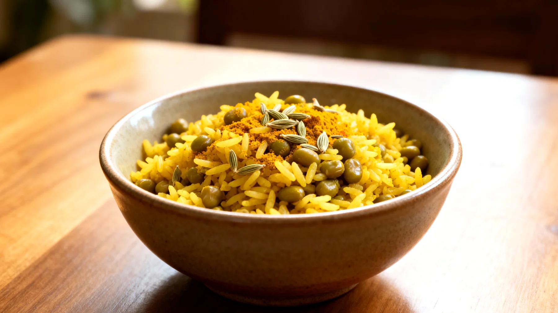 Kitchari (indisches Mungbohnen-Reis-Gericht mit Fenchel und Kurkuma)"