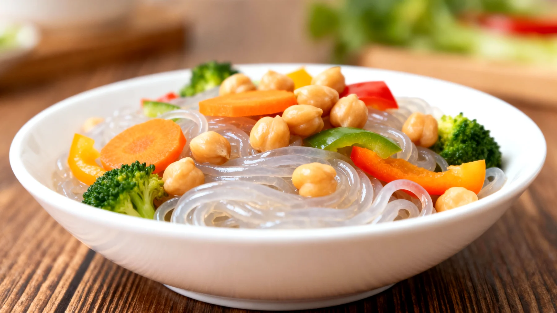Konjac-Nudeln mit gedünstetem Gemüse und Kichererbsen"