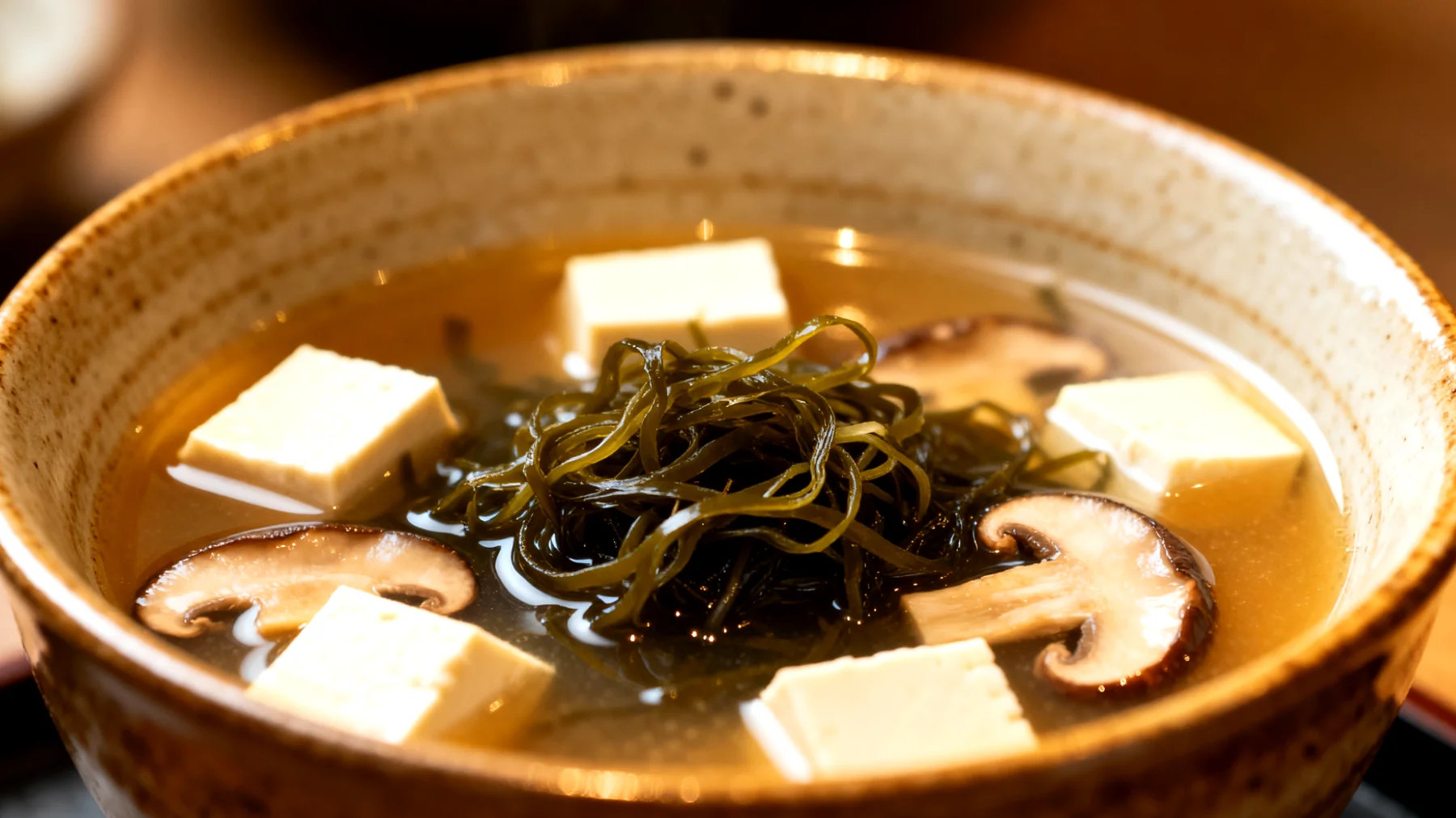 Miso-Suppe mit Wakame-Algen, Tofu und Shiitake-Pilzen"