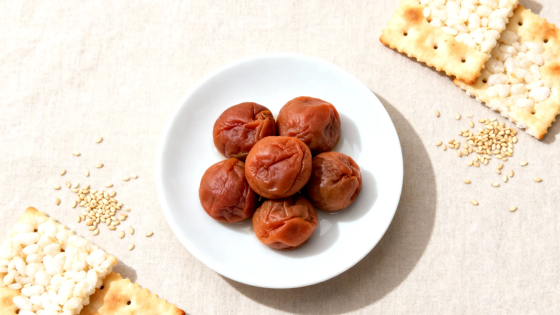 Umeboshi-Pflaumen mit Reiscracker und Sesam"