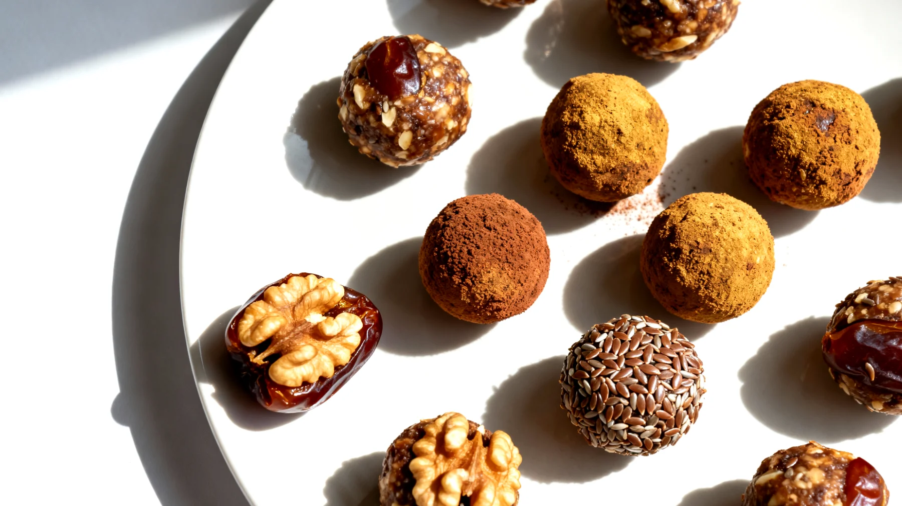 Walnuss-Dattel-Energiekugeln mit Kakao und Leinsamen"