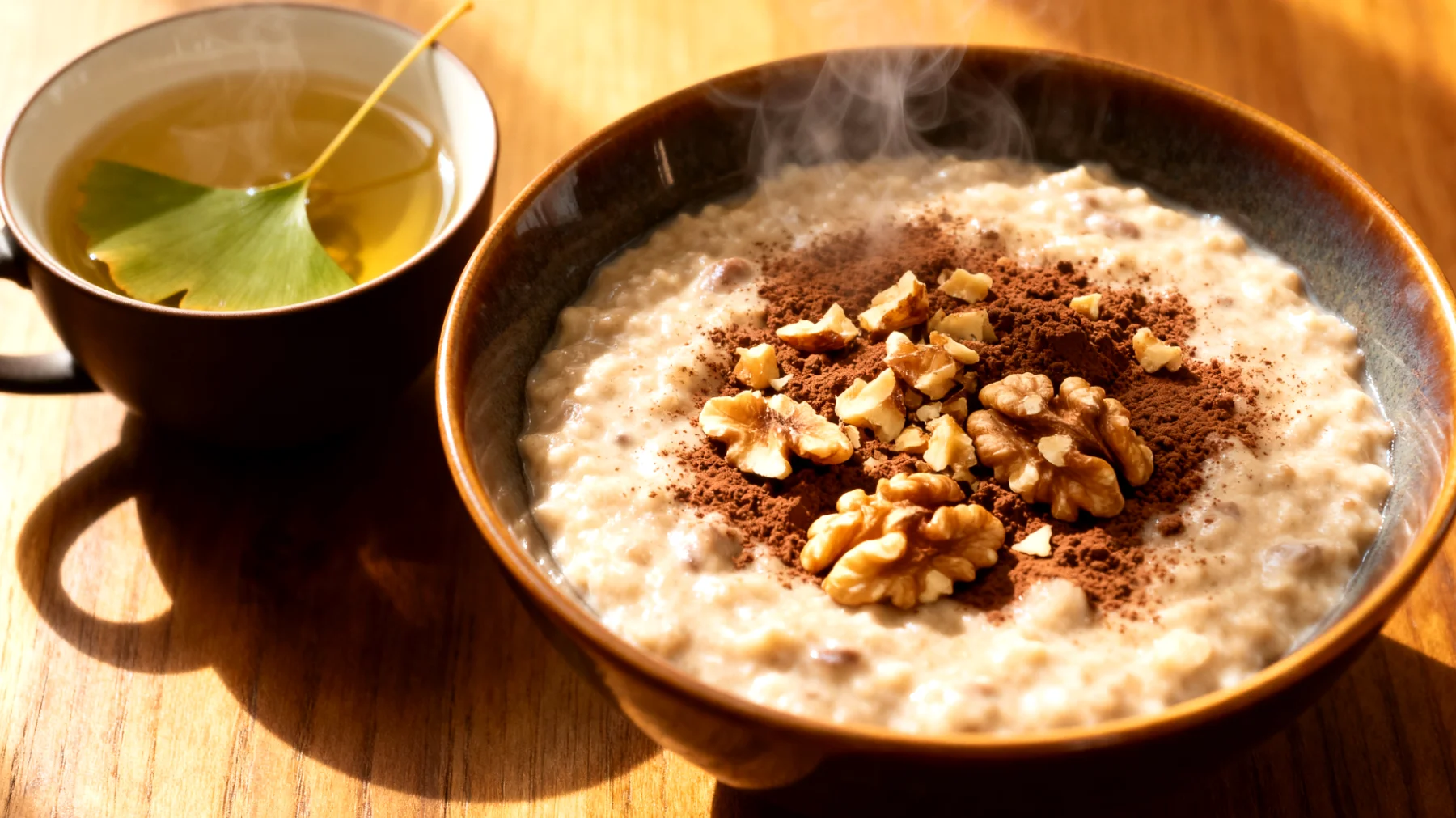 Walnuss-Kakao-Porridge mit Ginkgo-Blatt-Tee"